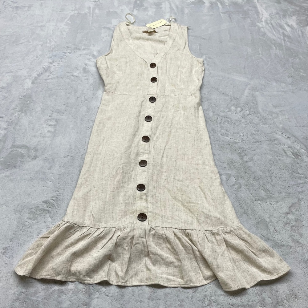 Monteau Button Front Womens Midi Dress Medium Oatmeal Rayon Linen Ruffle Hem